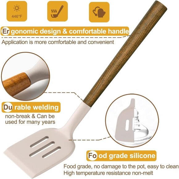 8-Piece Kitchen Set with Natural Acacia Wooden Handles Khaki Grade Silicone - Picture 5 of 13